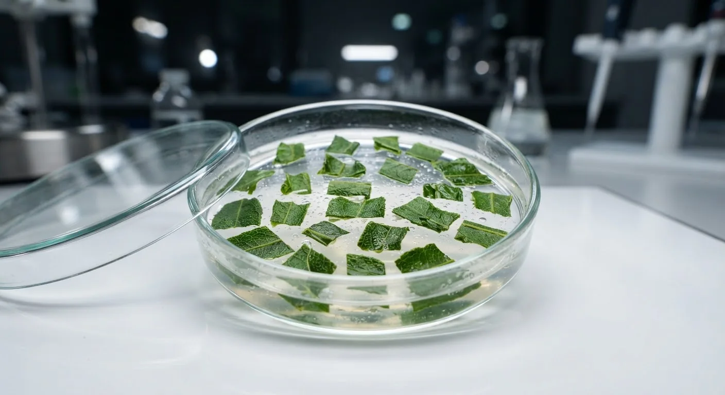 Plant tissue segments in a petri dish under sterile laboratory conditions