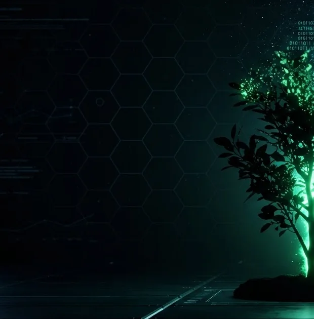 A plant dissolving into streams of luminous data points